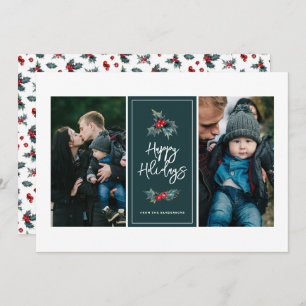 Elegant Painted Holly Two Photo Happy Holidays Holiday Card