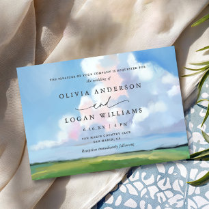 Elegant Painted Landscape Blue Sky Clouds Wedding Invitation