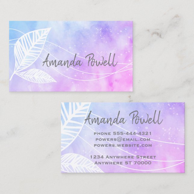 elegant painted leaf design purple and blue business card (Front/Back)
