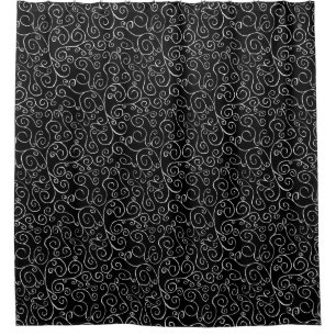 Elegant Painted White Scrolling Curves on Black Shower Curtain