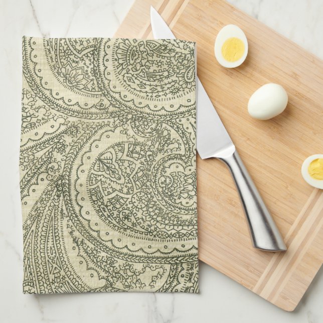 Elegant Paisley Ornate intricate black and white Tea Towel (Quarter Fold)