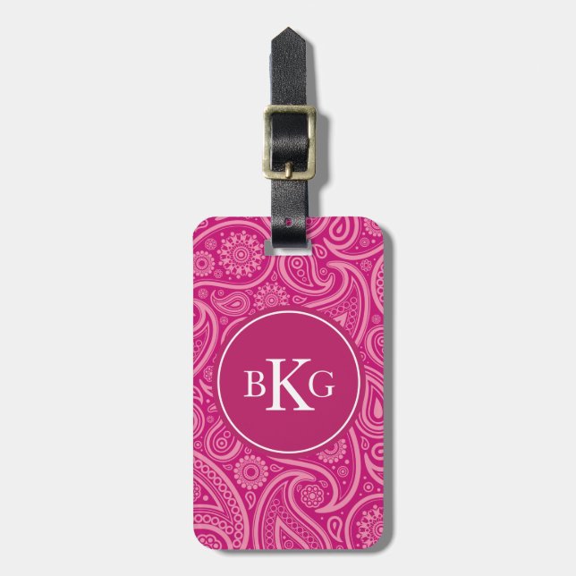 Elegant Paisley Pattern Custom Monogram Pink Luggage Tag (Front Vertical)