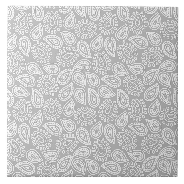 Elegant Paisley pattern in white, light grey Ceramic Tile (Front)