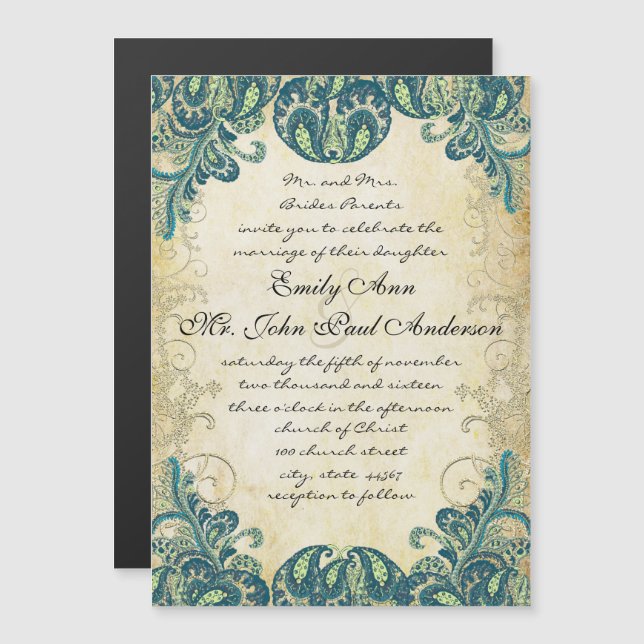 Elegant Paisley Peacock Blue Green and Gold Magnetic Invitation (Front/Back)