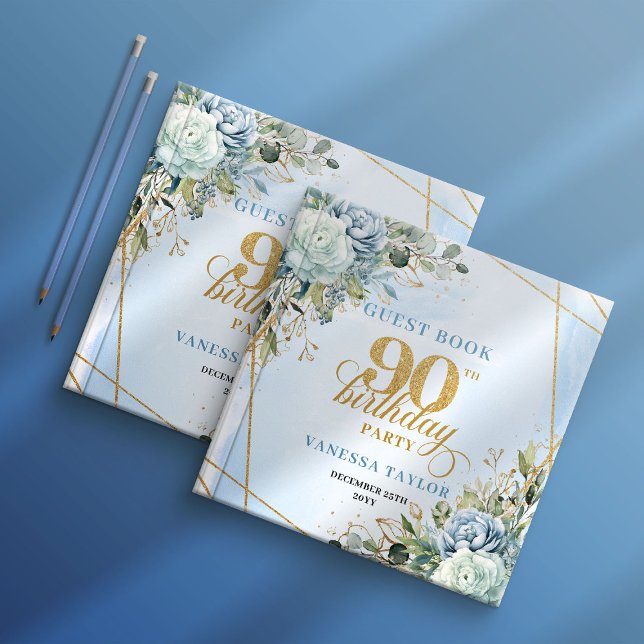 Elegant Pale Blue Gold Frame 90th Birthday Sign In Guest Book (Lovely dusty blue 90th birthday gold x guestbook sign in)