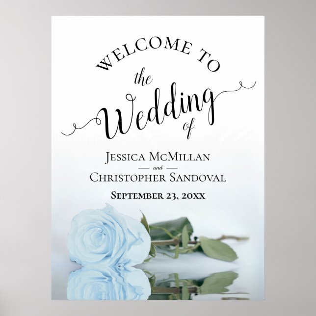Elegant Pale Blue Rose Calligraphy Wedding Welcome Poster (Front)