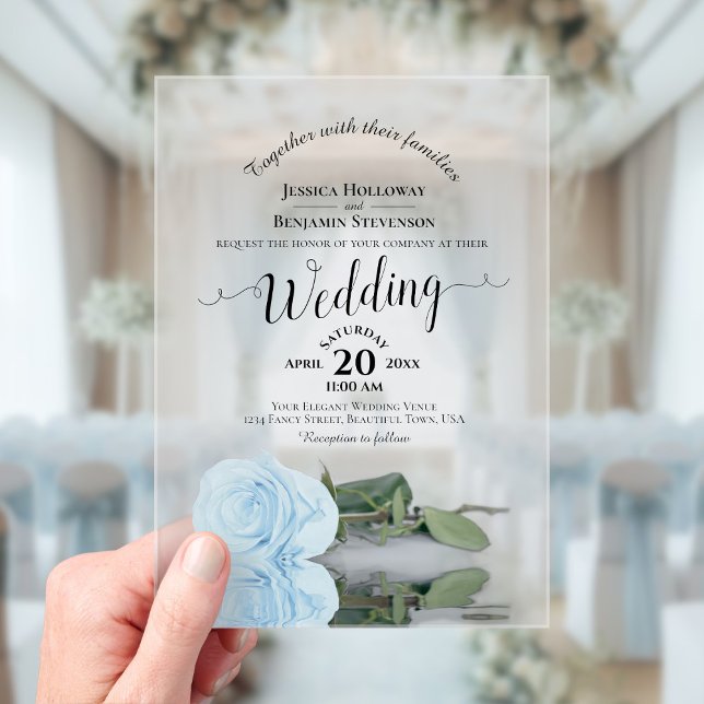 Elegant Pale Blue Rose Lacy Calligraphy Wedding Acrylic Invitations (Frosted with Rectangle Cut)