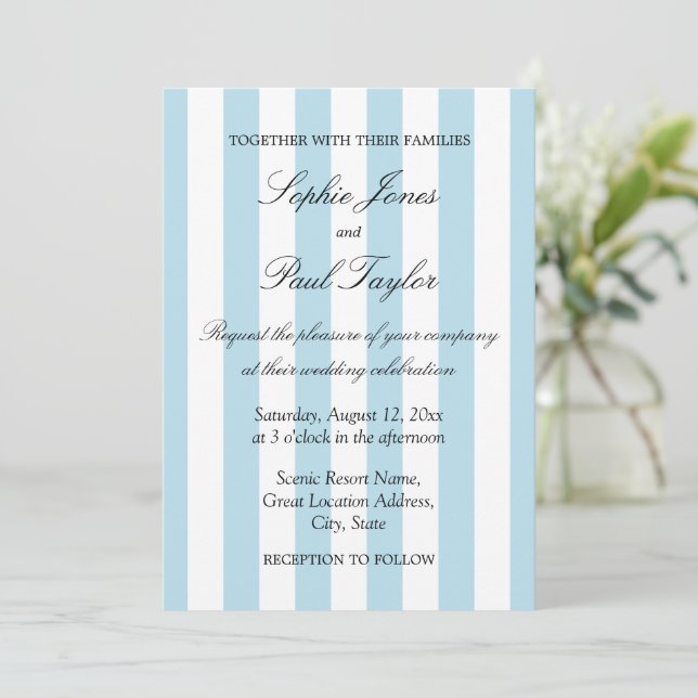 Elegant Pale Blue Stripes Wedding Invitation (Standing Front)