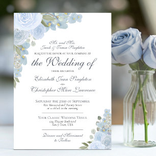 Elegant Pale Blue Watercolor Floral Formal Wedding Invitation