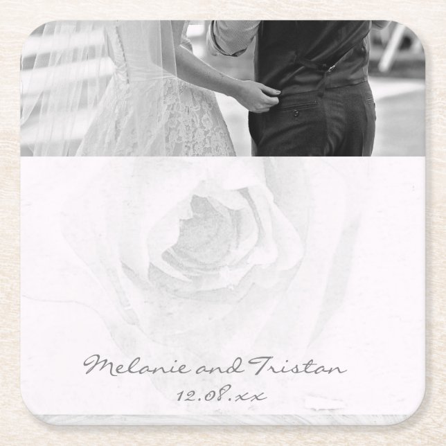 elegant pale blush grey rose couple square paper coaster (Front)