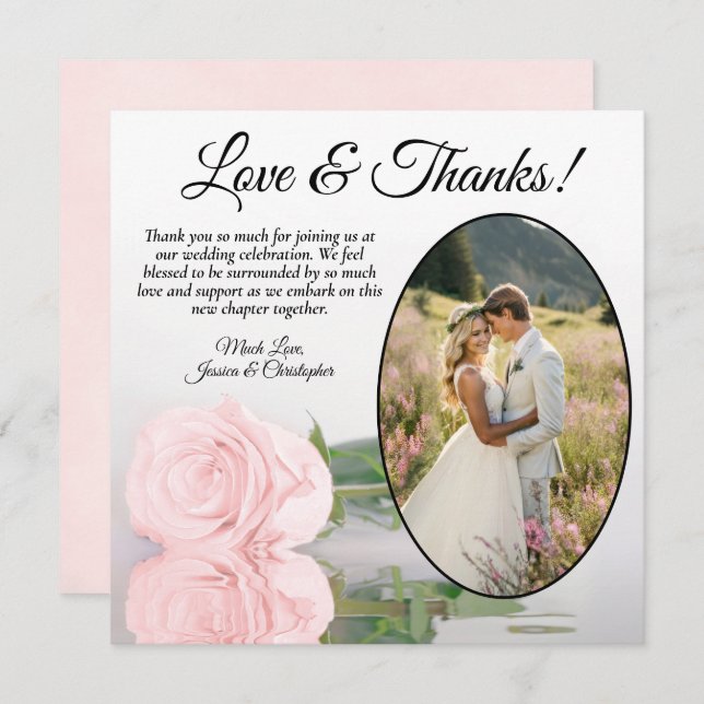 Elegant Pale Blush Pink Rose Oval Photo Wedding Thank You Card (Front/Back)