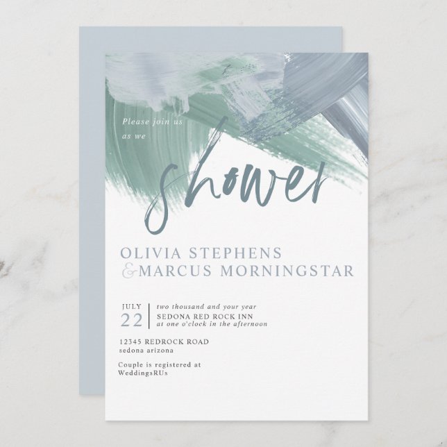 Elegant Pale Dusty Blue Abstract  Brushstrokes Invitation (Front/Back)