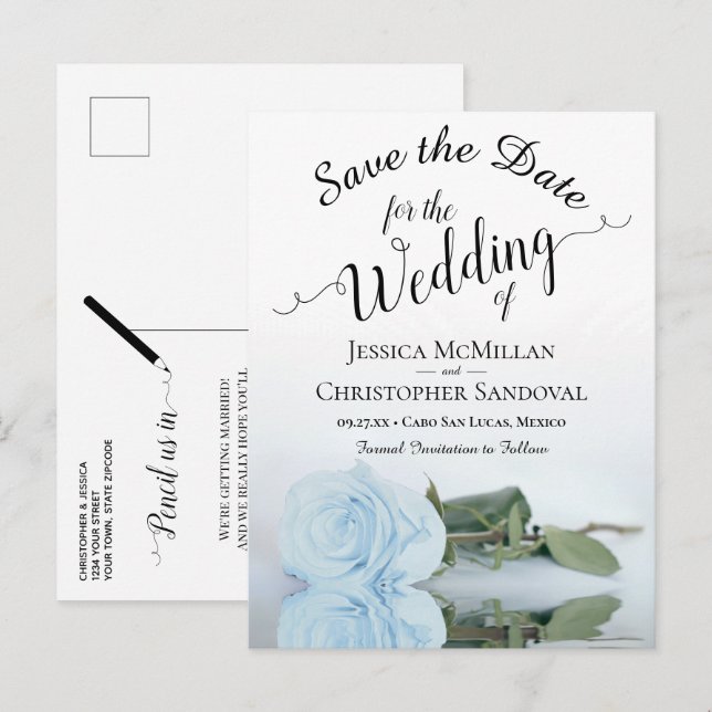 Elegant Pale Dusty Blue Rose Wedding Save the Date Announcement Postcard (Front/Back)