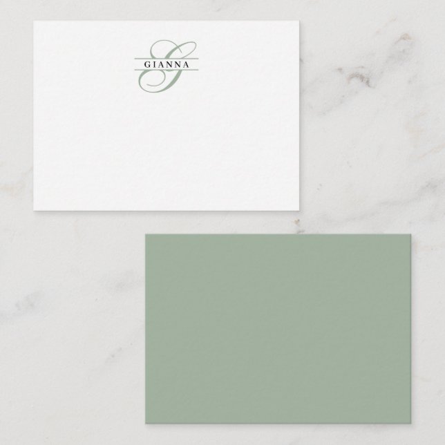 Elegant Pale Green Calligraphy Split Monogram Card (Front/Back)