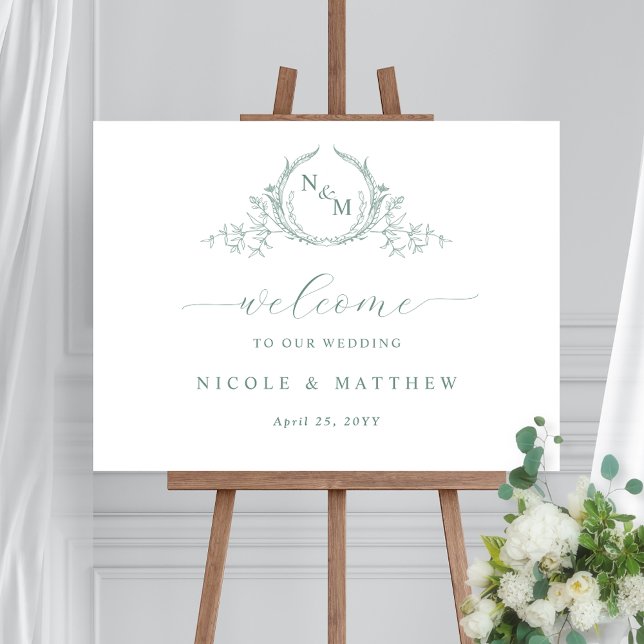 Elegant Pale Green Monogram Wedding Welcome Sign (Creator Uploaded)