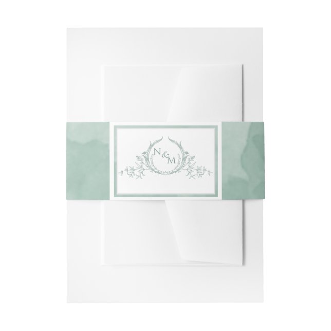 Elegant Pale Green Watercolor, Monogram Wedding Invitation Belly Band (Front Example)