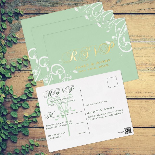 Elegant Pale Pastel Green RSVP Foil Postcard (Creator Uploaded)