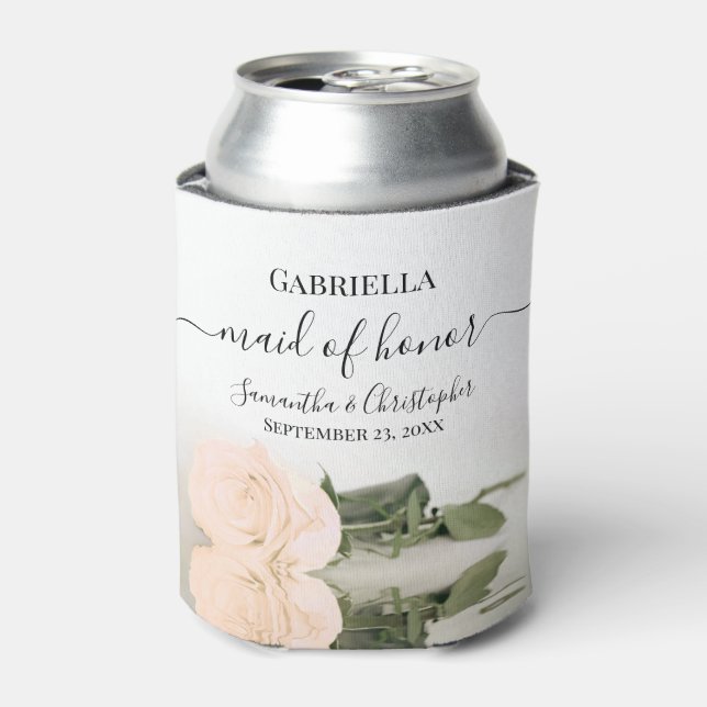 Elegant Pale Peach Rose Maid of Honour Wedding Can Cooler (Can Front)