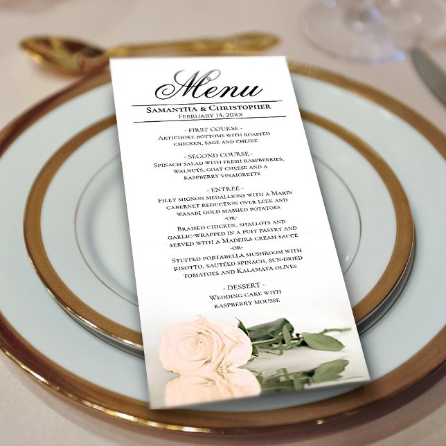 Elegant Pale Peach Rose Reflections Wedding Menu (In Situ on Plate)