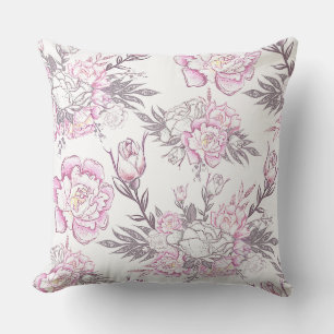 Elegant Pale Pink Floral Design Grey Foliage Cushion