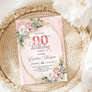 Elegant Pale Pink Gold Eucalyptus 90th Birthday Invitation