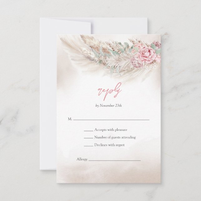 Elegant pale pink roses pampas and sage green RSVP (Front)
