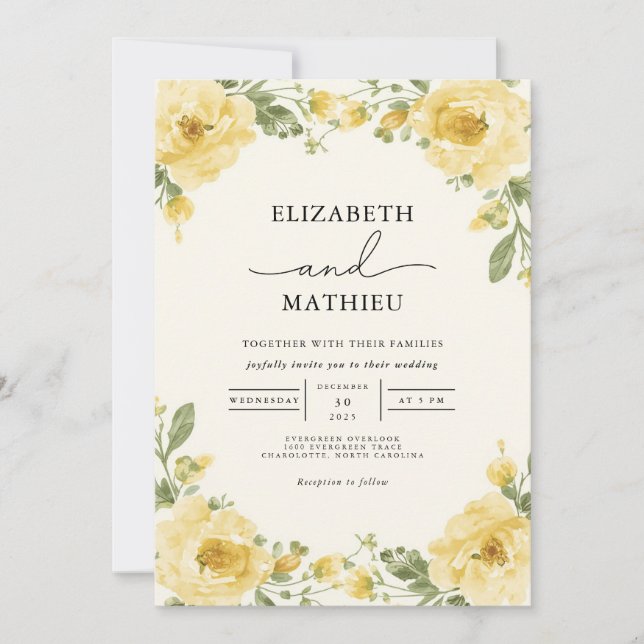 Elegant Pale Yellow Botanical Floral Wedding Invitation (Front)