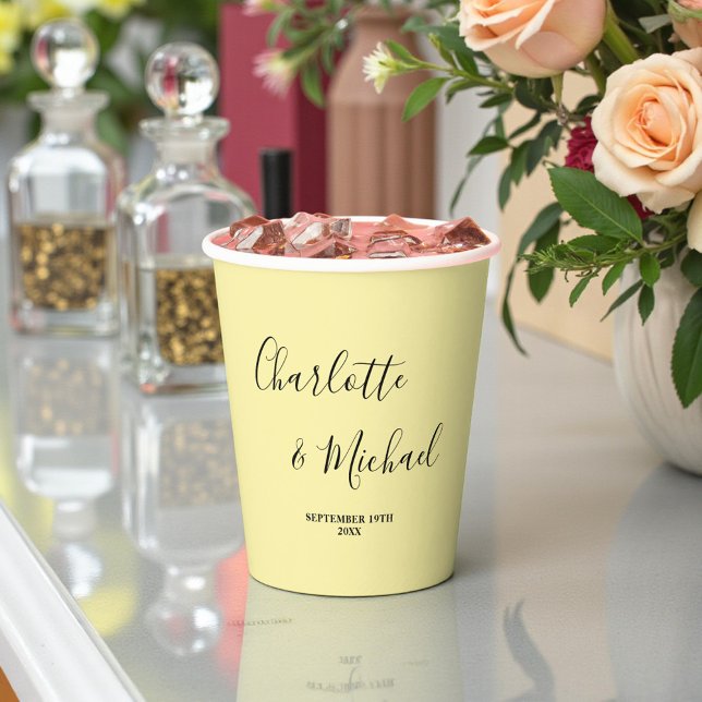Elegant Pale Yellow Script Minimalist Wedding Paper Cups (Creator Uploaded)