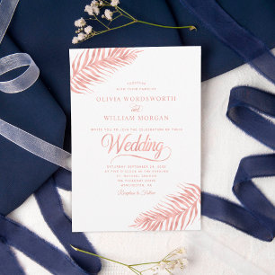 Elegant Palm Leaf Rose Gold White Tropical Wedding Invitation