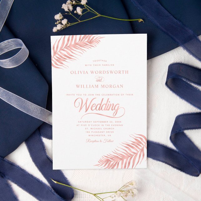 Elegant Palm Leaf Rose Gold White Tropical Wedding Invitation (Creator Uploaded)