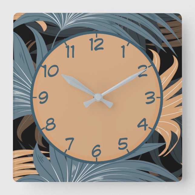 Elegant Palm Leaves Foliage Gray Beige Pattern Square Wall Clock (Front)