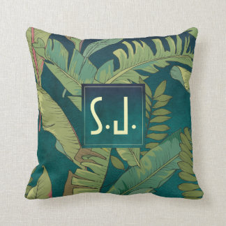 Elegant Palm Leaves on Teal Watercolor Monogram Cushion