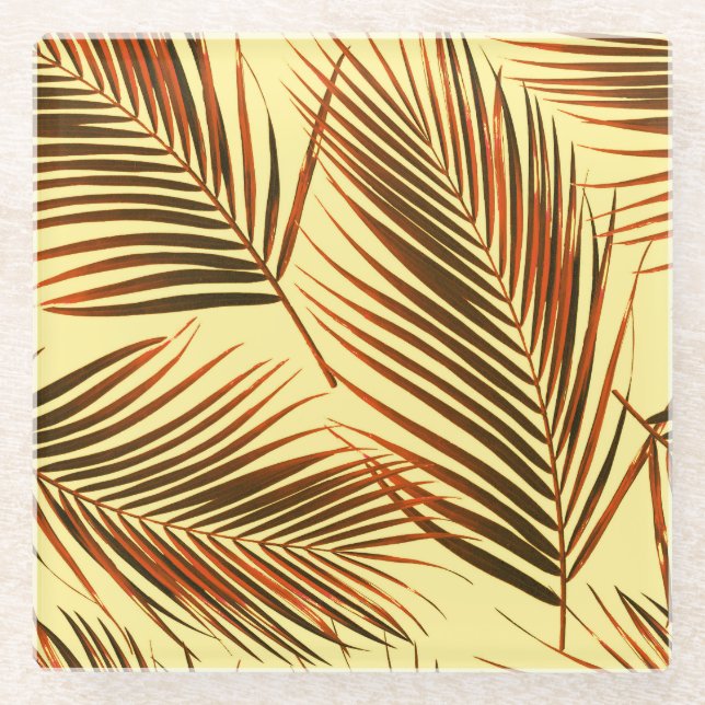 Elegant Palm Repeat Pattern Design Glass Coaster (Front)
