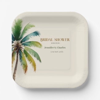 Elegant Palm Tree beach beige bridal shower  Paper Plate