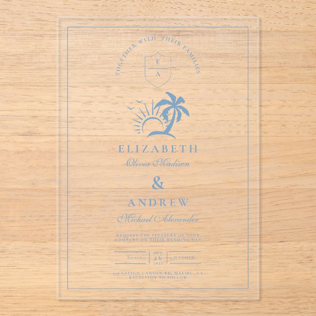 Elegant Palm Tree Hand Drawn  Wedding Acrylic Invitations (Front)
