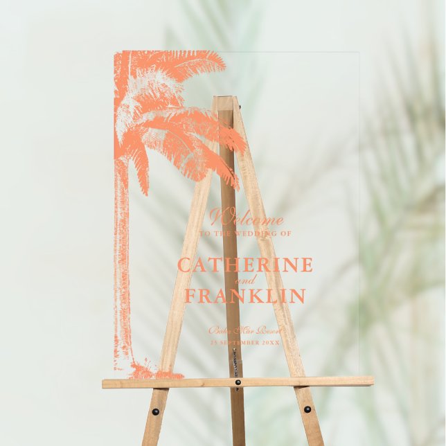 Elegant Palm Tree Tropical Wedding Welcome Acrylic Sign (Vintage Boho Tropical Palm Photo Clear Acrylic Wedding Welcome Sign)