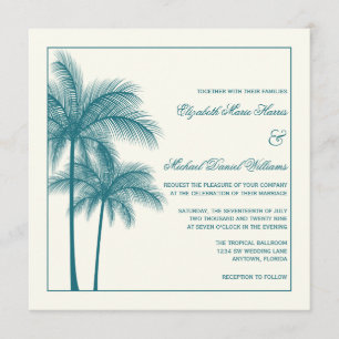 Elegant Palm Trees Teal Ecru Square Invitation