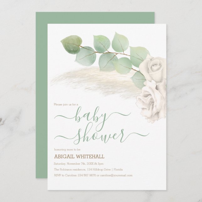 Elegant Pampas And Ivory Roses Shower Invitation (Front/Back)