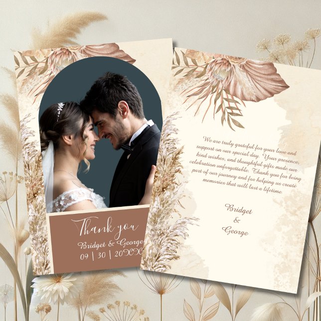 Elegant pampas grass & Boho Neutral Wedding Photo  Thank You Card (Creator Uploaded)