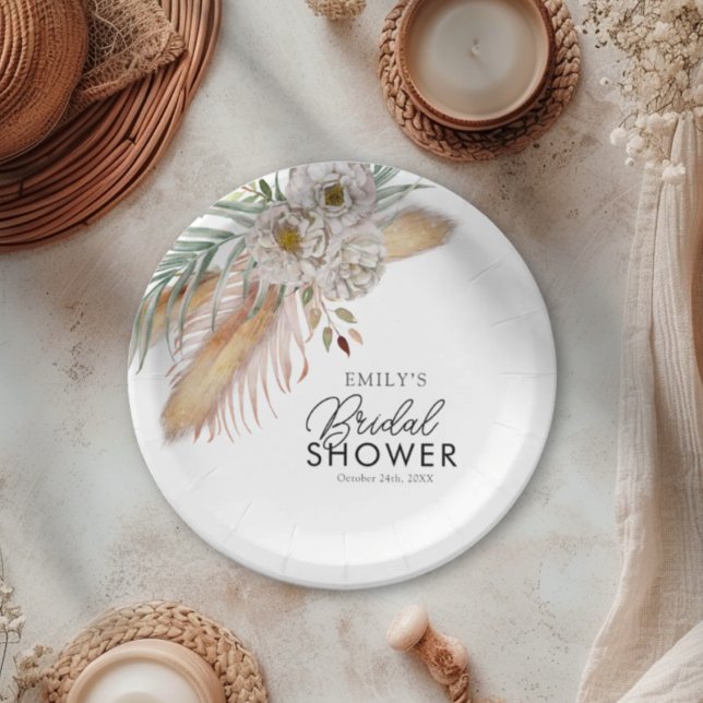 Elegant Pampas & Palm Watercolor Bridal Shower  Paper Plate (Creator Uploaded)