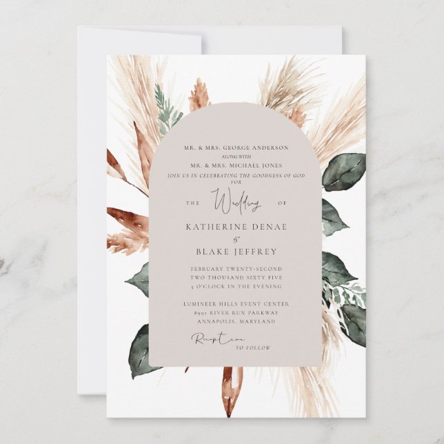 Elegant Pampas Tan Geometric Christian Wedding Invitation (Front)