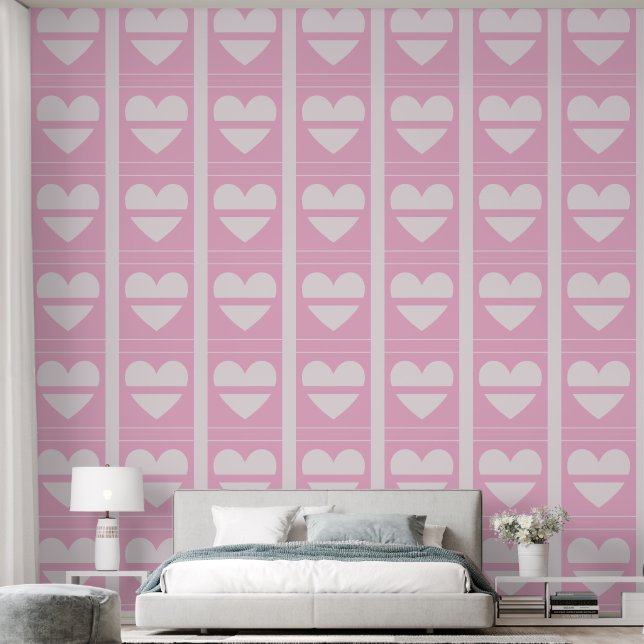 Elegant Panels of Hearts Soft Pastel Pink Squares Wallpaper (Bedroom)