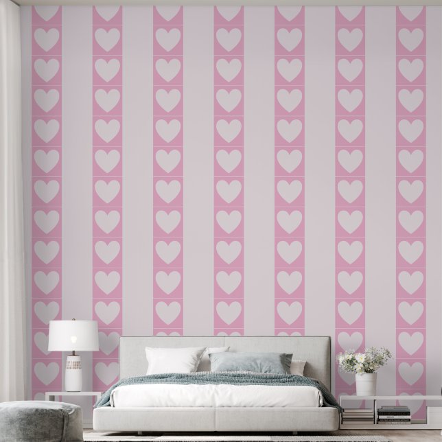 Elegant Panels of Hearts, Stripes Soft Pastel Pink Wallpaper (Bedroom)