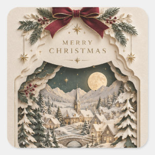 Elegant Papercut Christmas ,Layered Winter holiday Square Sticker