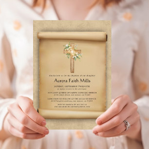 Elegant Parchment Cross Baptism  Invitation