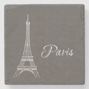 Elegant Paris Eiffel Tower Dark Grey Burlap Look Stone Coaster