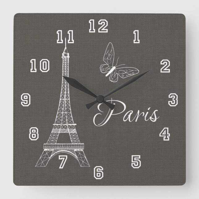 Elegant Paris Eiffel Tower Dark Grey Butterfly Square Wall Clock (Front)