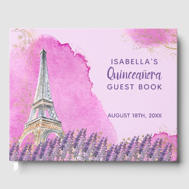 Elegant Paris Eiffel Tower Pink Gold Quinceanera Guest Book (Front)