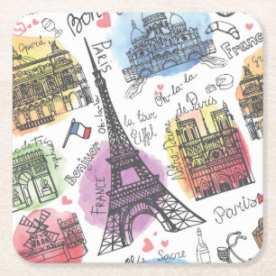 Elegant Paris France Fashion Sketch Square Paper Coaster