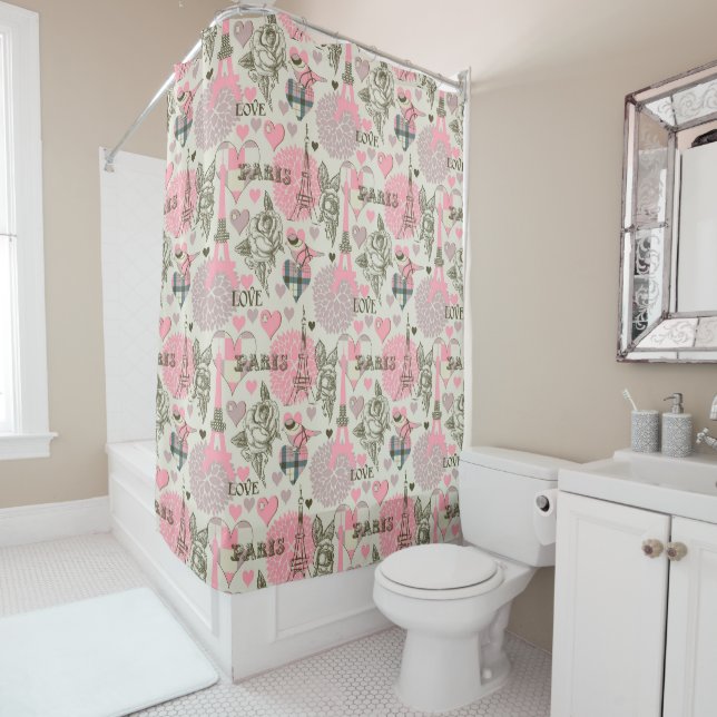 Elegant Paris pattern shower curtain home decor (In Situ)